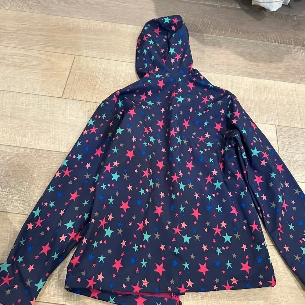 JINGLE BONGALA GIRLS HOODED RAIN JACKET 140 US SIZE 10 NAVY BLUE STARS